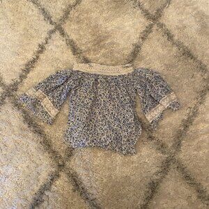 Vintage Havana Top Womens Small Boho Bell Sleeve Cottage Beach Blue Floral Lace